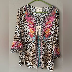 Savanna Jane Leopard Print Blouse with Pink & Turquoise Floral Embroidery